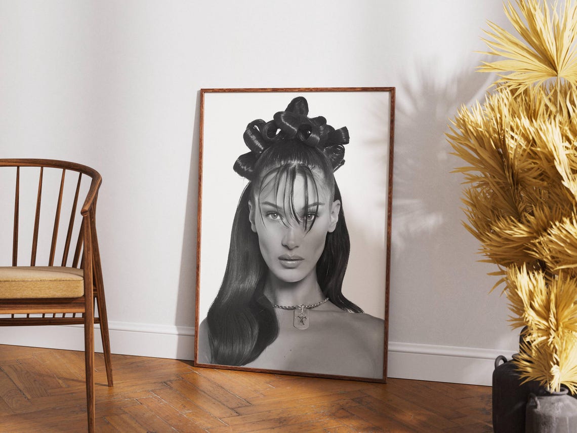Bella Hadid Black and White Fashion Portrait Editorial Wall Poster - Image 2