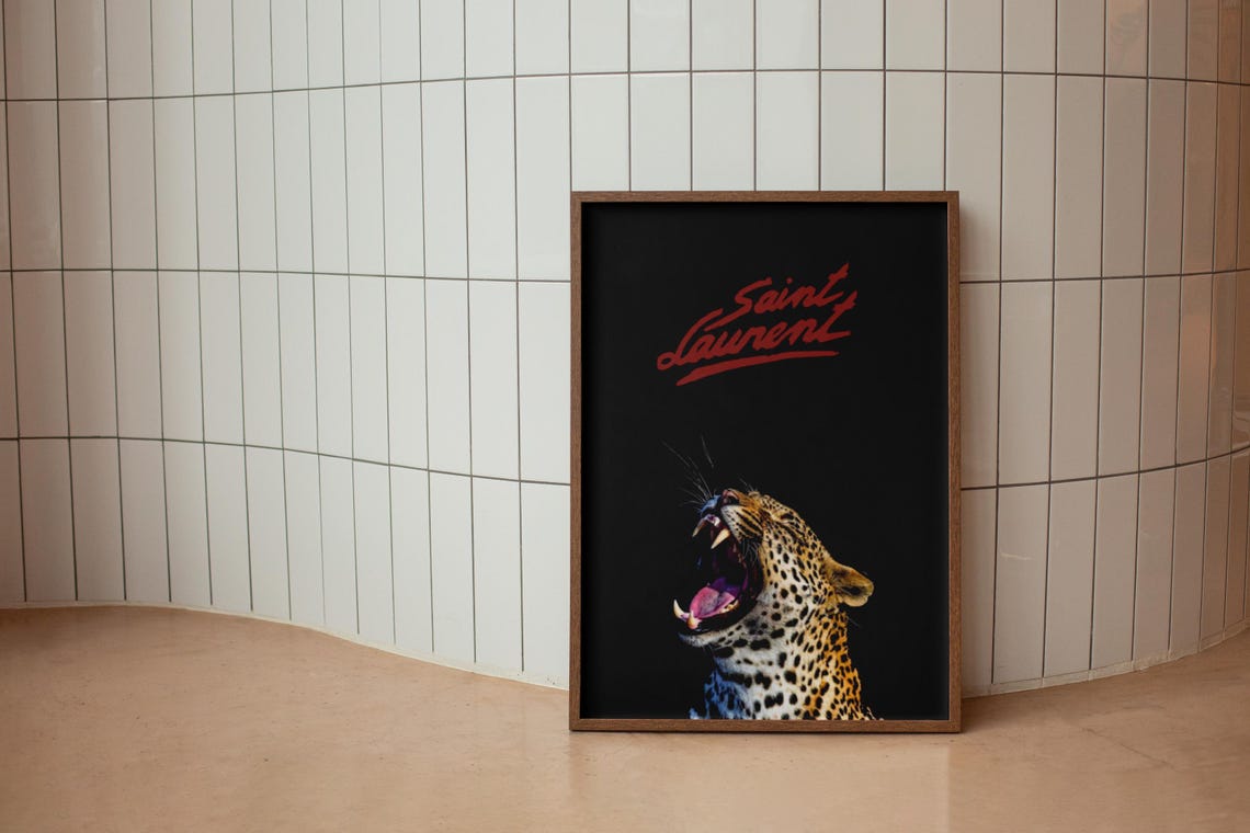 Saint Laurent Script with Roaring Leopard on Black Fashion Poster - Image 2