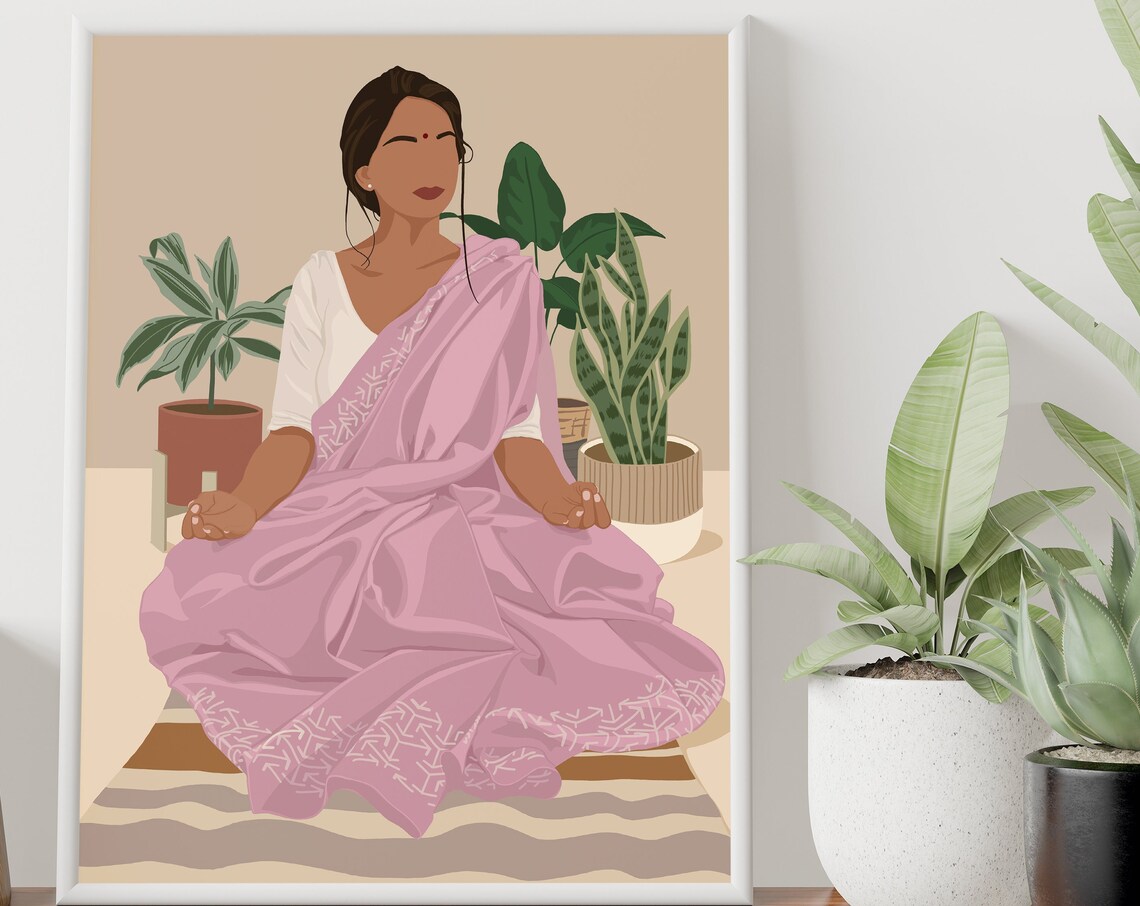 Indian Woman Meditating Boho Art Poster Print