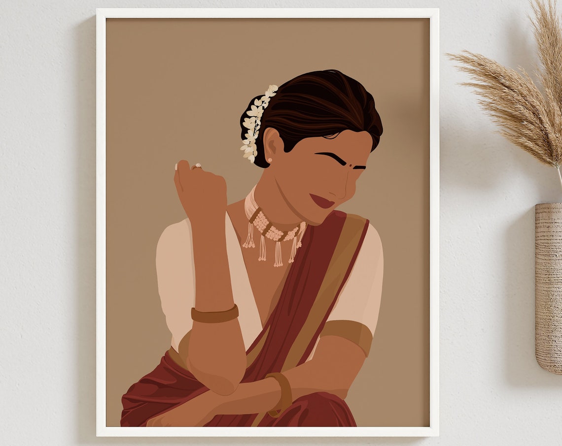 Desi Art South Asian Woman Art Brown Girl Modern Indian Woman In Saree Art South Indian Art Tamil Girl Art Indian Wall Art Telugu Art