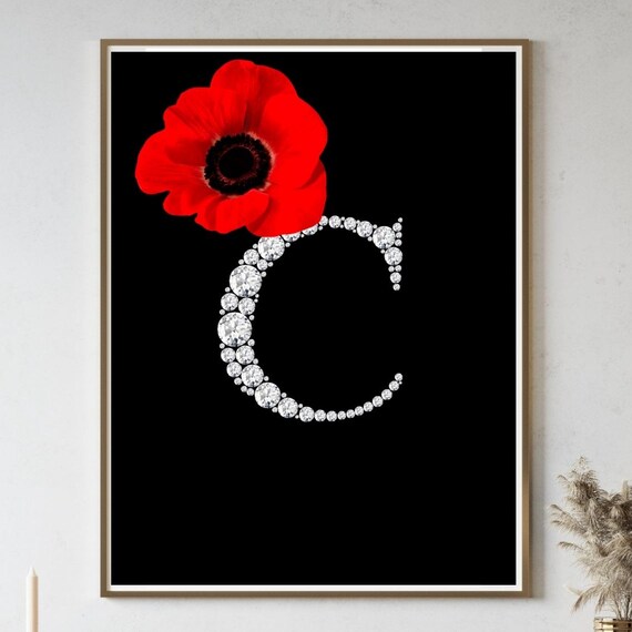 Red Poppy Diamond Letter C Monogram Black Elegant Art Poster