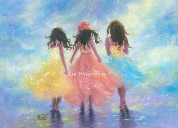Three Sisters Art Print Three Girls Fashion Pastel Spring Fashion Dresses Teenage Girls Three Bridesmaids Bestfriends Vickie Wade Art