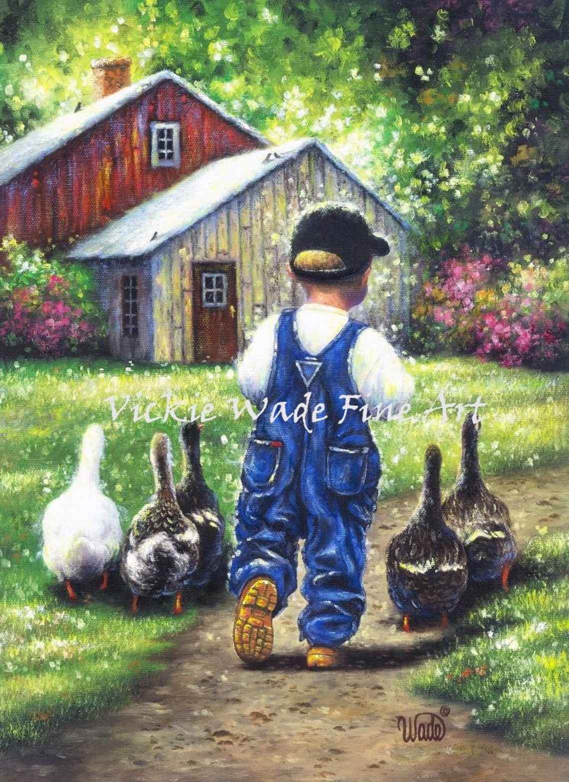 Farm Boy in Overalls Walking with Ducks by a Red Barn Poster