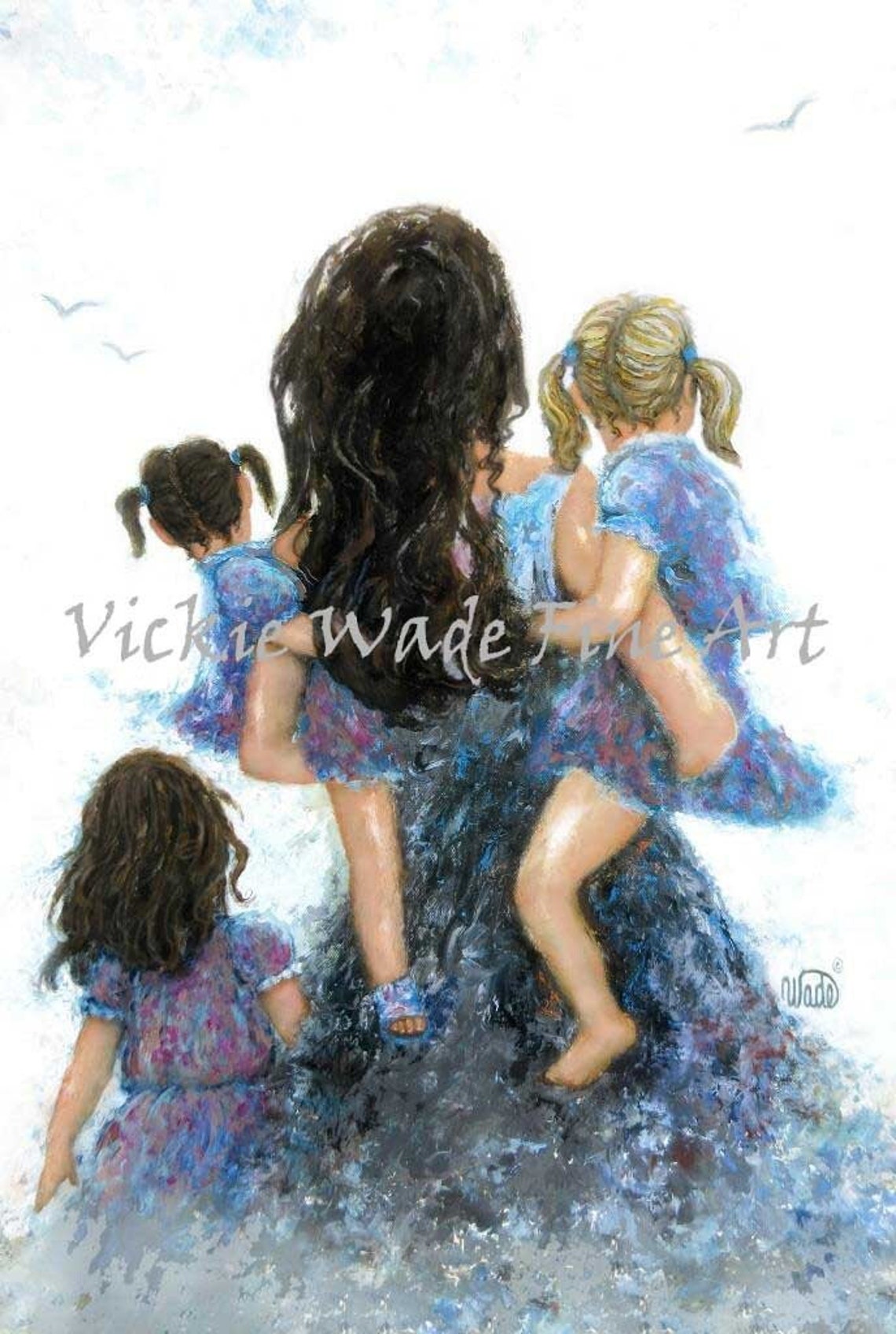 Mother Carrying Two Girls with a Third Walking at the Beach Poster