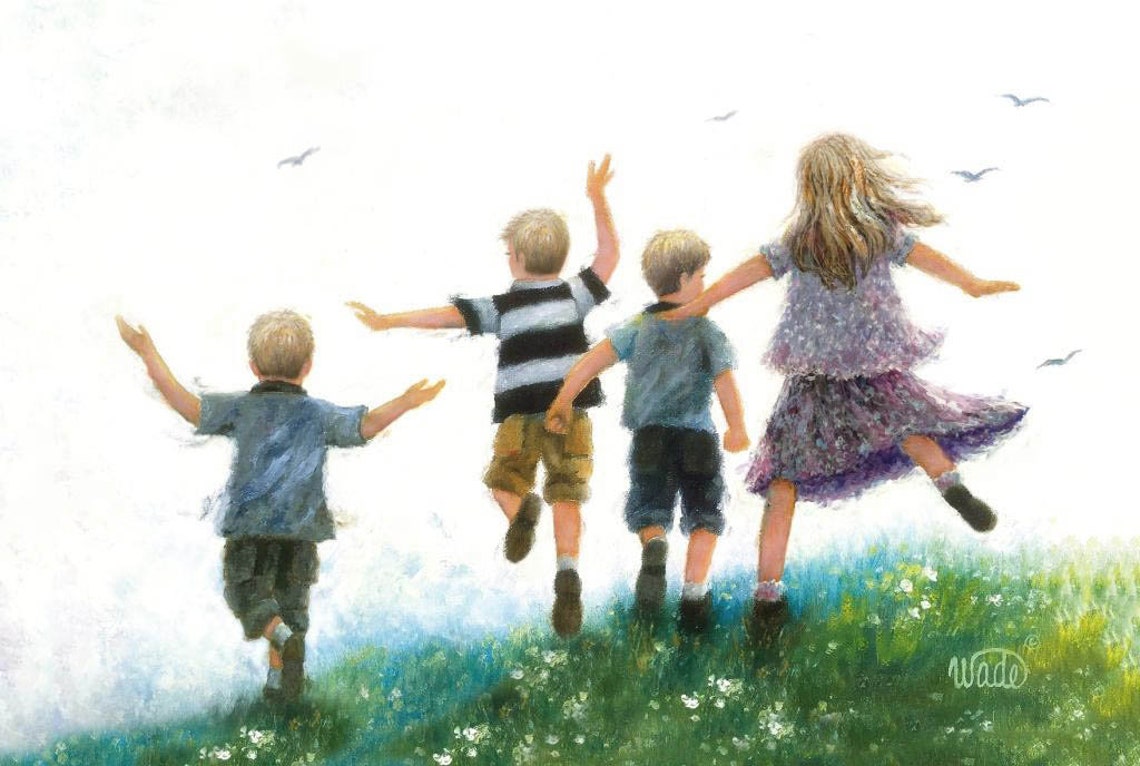 Four Children Leaping Joyfully Over A Bright Grassy Field Poster