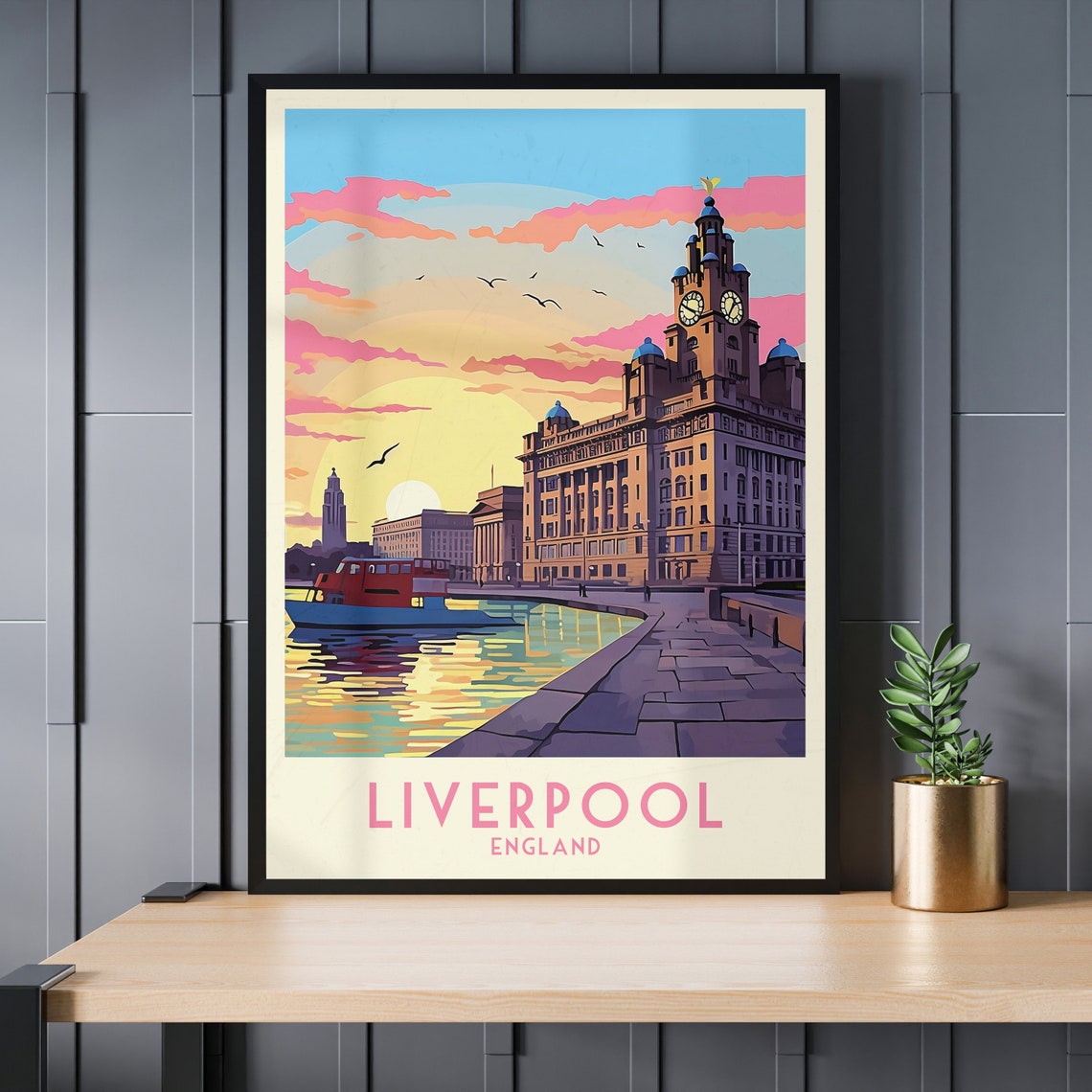 Liverpool England Vintage Waterfront Sunset Clock Tower Poster - Image 3