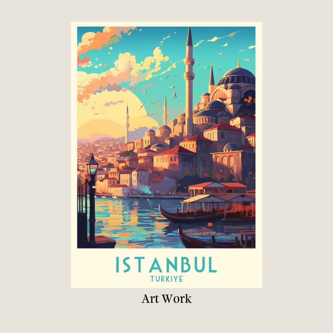 Istanbul Mosque Golden Sunset Vintage Turkiye Travel Poster Art