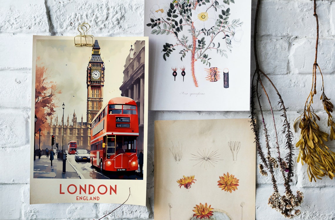 London England Big Ben Red Double Decker Bus Vintage Travel Poster - Image 4