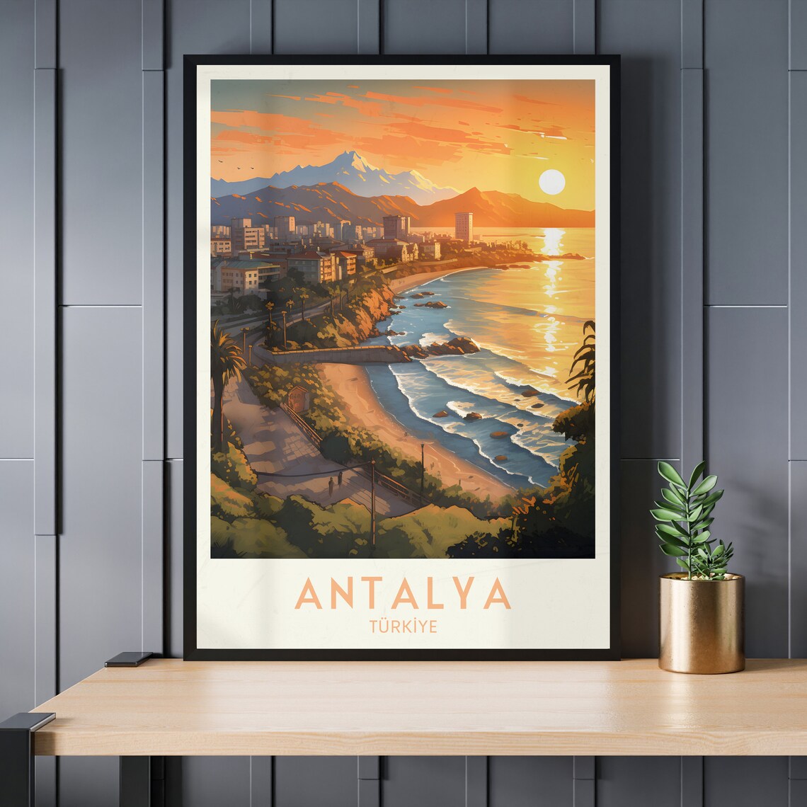 Antalya Coastal Sunset Beach Mountains Vintage Turkey Travel Poster - Image 3