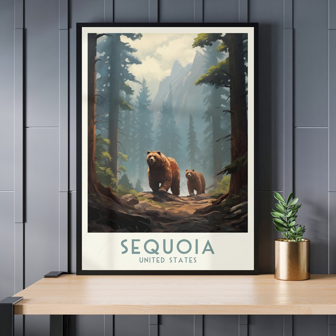 Sequoia Redwood Forest Scene with Two Bears Travel Poster Art - Image 3