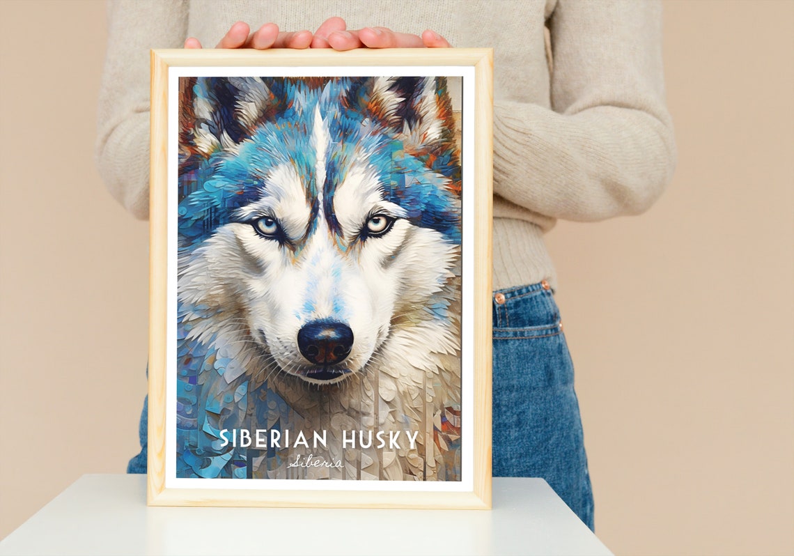Siberian Husky Striking Blue Mosaic Dog Breed Portrait Poster - Image 4