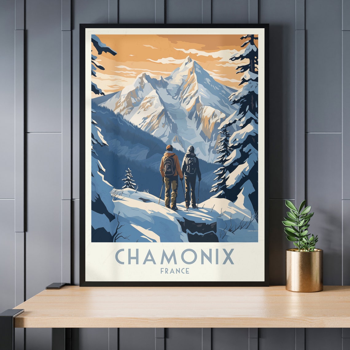 Chamonix France Two Hikers Facing Mont Blanc Golden Sky Poster - Image 3