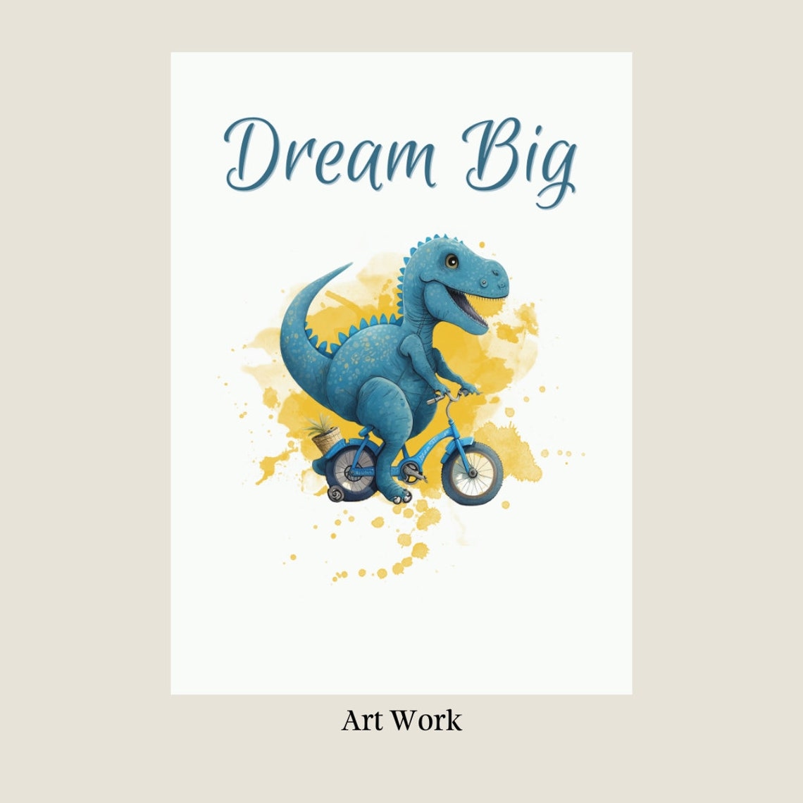 Dream Big Cute Baby Dinosaur Riding Bicycle Nursery Quote Poster - Image 2