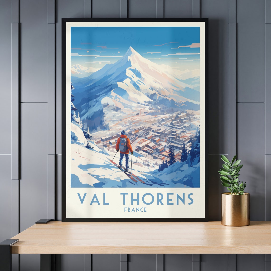 Val Thorens Skier Overlooking Snowy Alps Village France Poster - Image 3