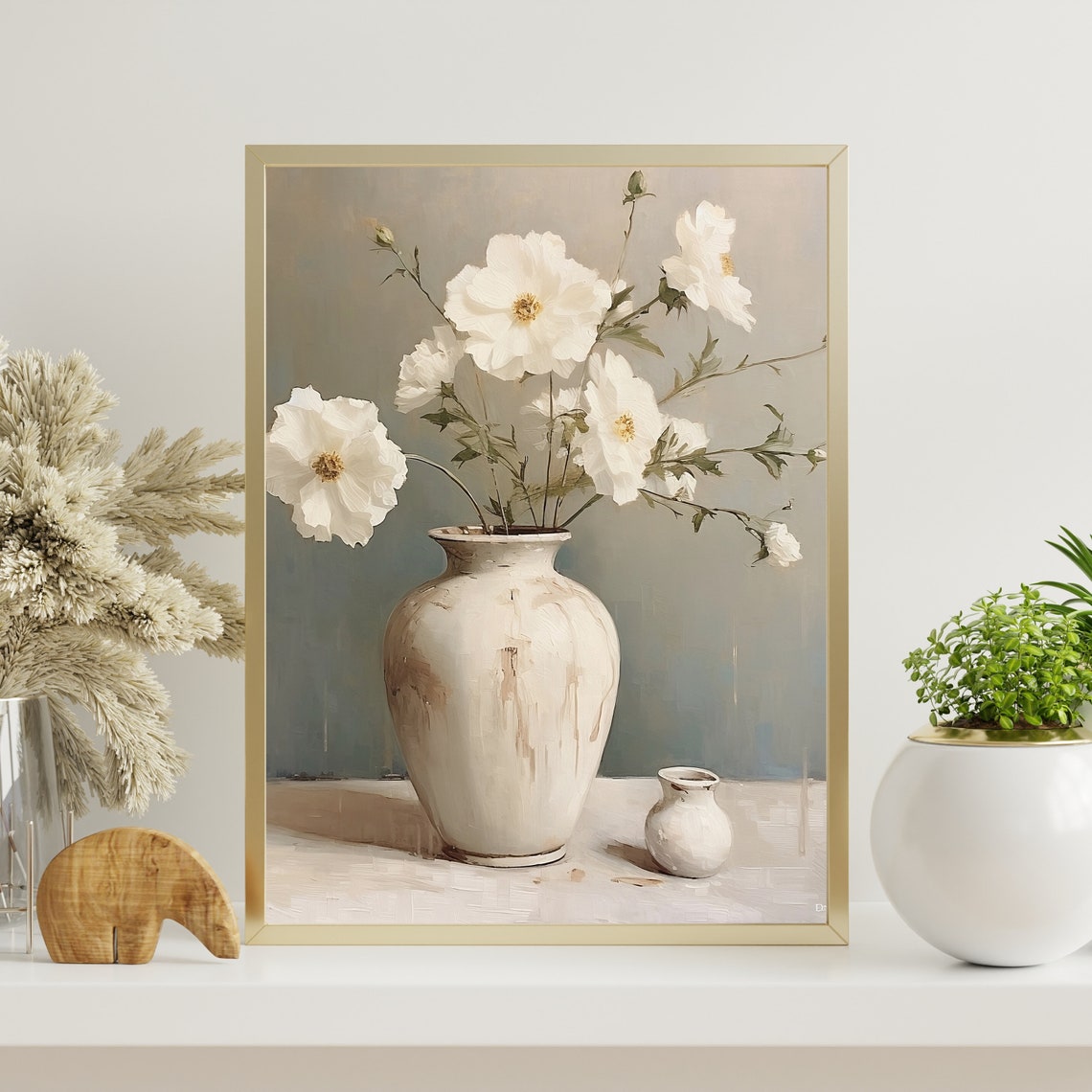 White Poppies Rustic Vase Soft Cottage Still Life Floral Poster - Image 3