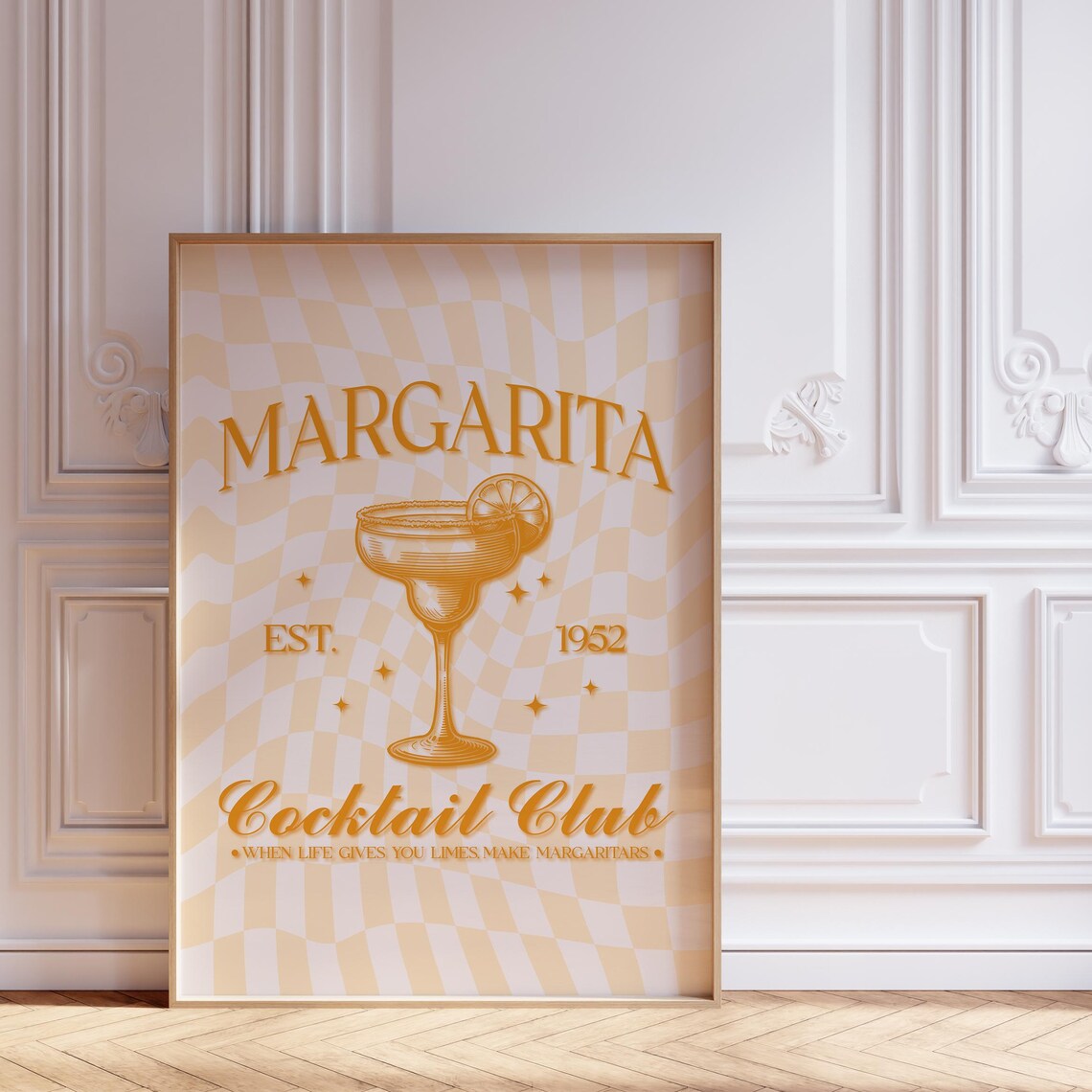 Retro Margarita Cocktail Club Bar Cart Orange Cream Checkered Poster
