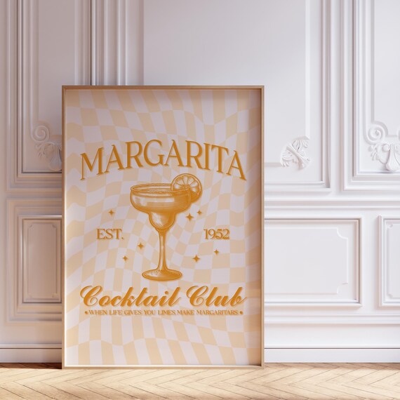 Retro Margarita Cocktail Club Bar Cart Orange Cream Checkered Poster