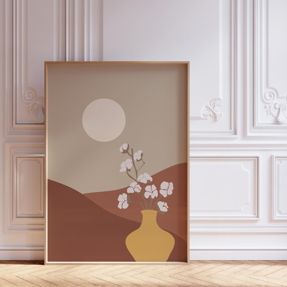 Boho Vase with White Cotton Blossoms Terracotta Desert Wall Art