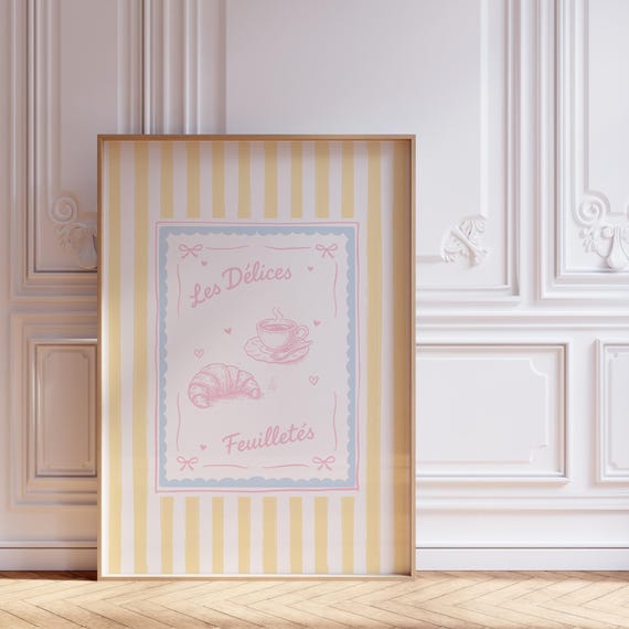 French Bistro Croissant Coffee Print Pastel Kitchen Wall Artdigital