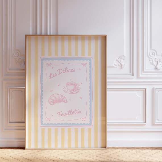 French Cafe Les Delices Feuillettes Croissant Coffee Yellow Stripes Poster
