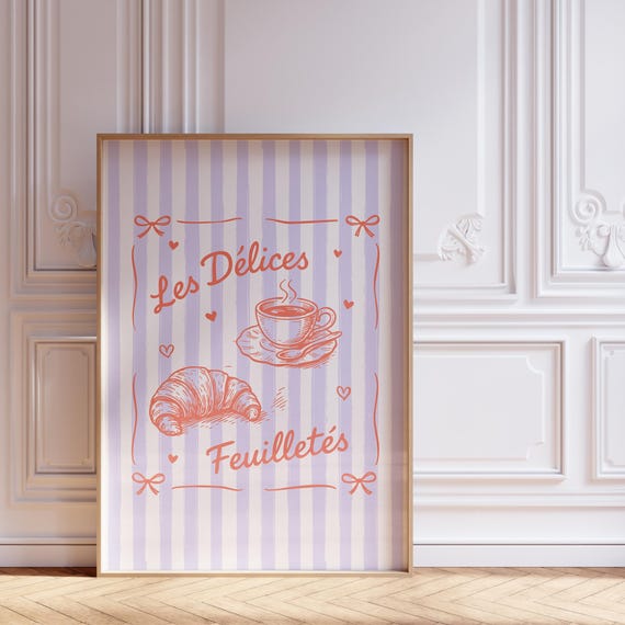 Lavender French Cafe Print Croissant Coffee Coquette Kitchen Art