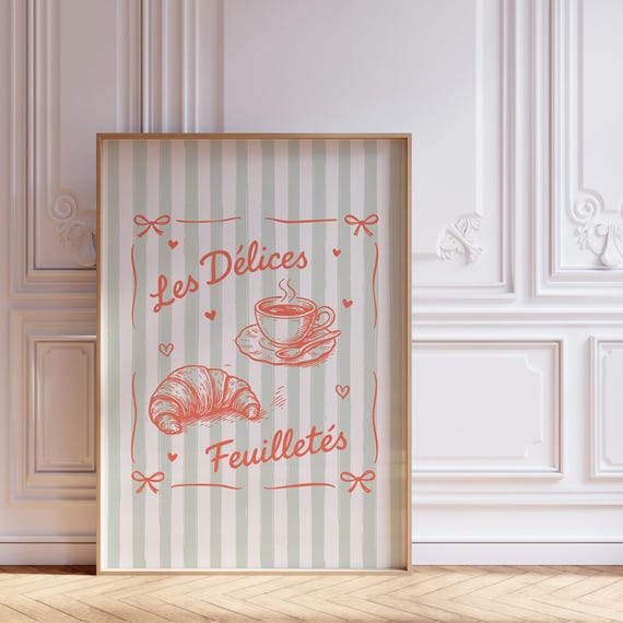 French Cafe Croissant Coffee Print Mint Green Kitchen Art