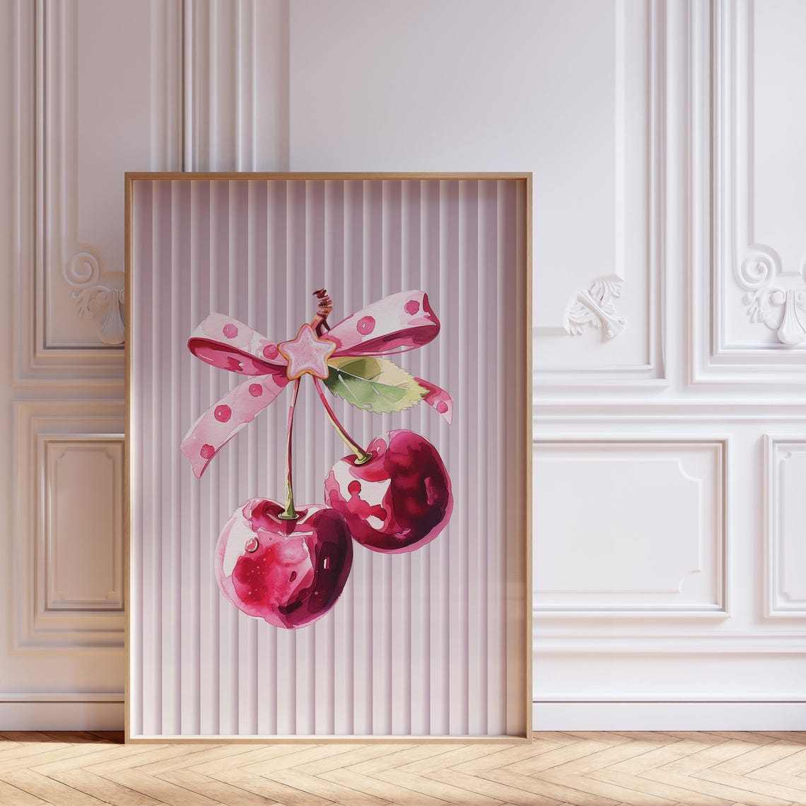 Watercolor Cherries with Pink Polka Dot Bow Feminine Wall Art