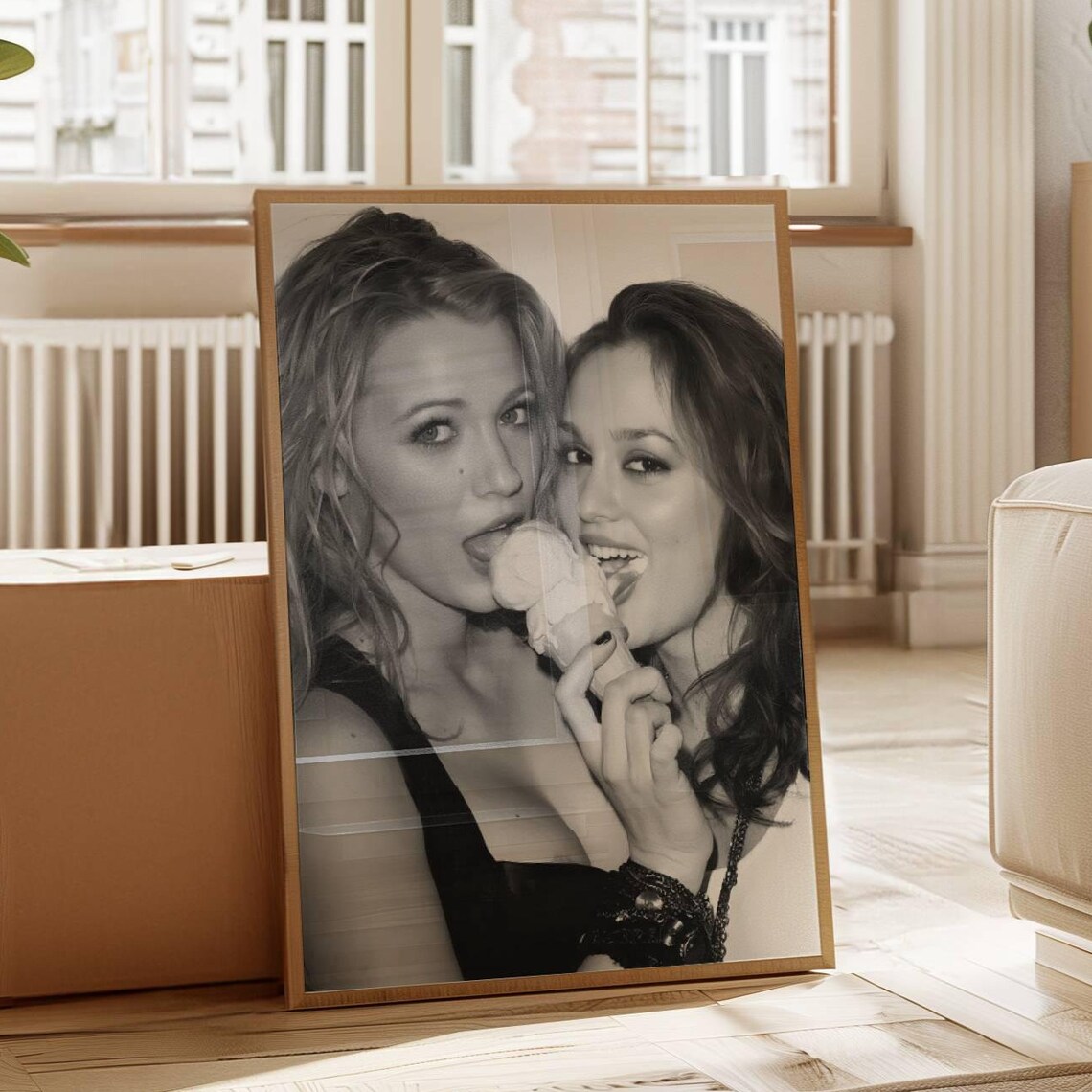 Best Friends Sharing an Ice Cream Cone Black and White Photo Poster - Image 3