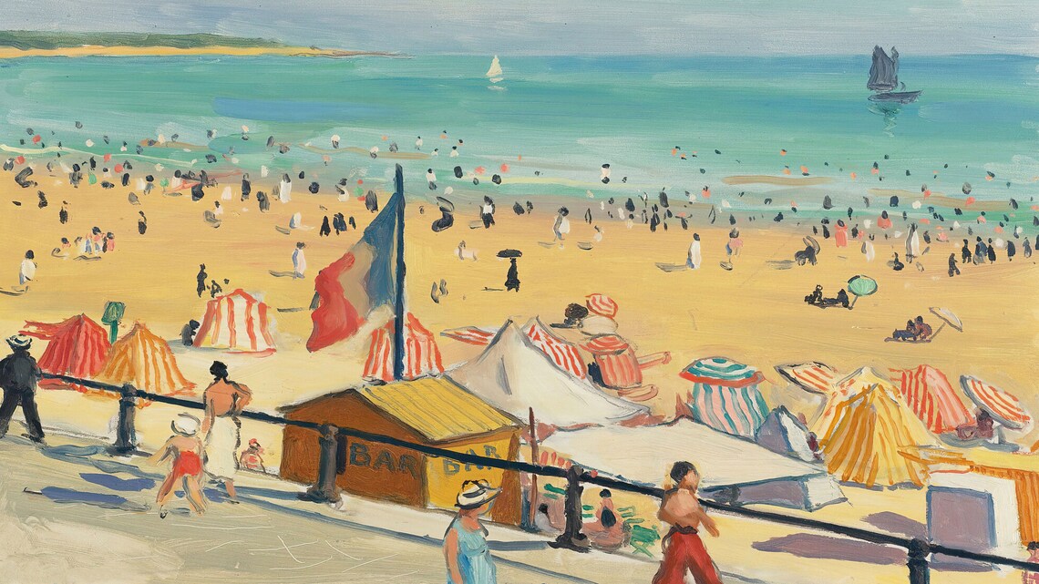 1920s Art Deco Crowded Beach Painting with Striped Tents and Sailboats Poster - Image 2