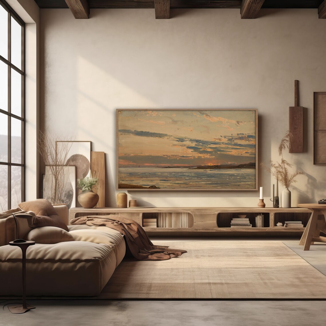 Moody Sunset Seascape Oil Painting with Layered Clouds Over Calm Sea Poster - Image 4