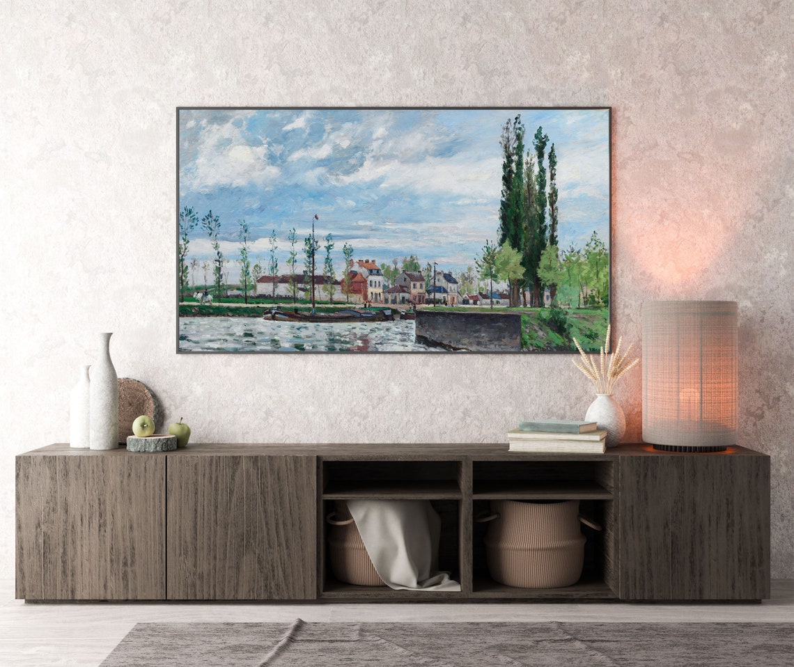 Impressionist Riverside Village with Moored Barges and Poplars Poster - Image 4