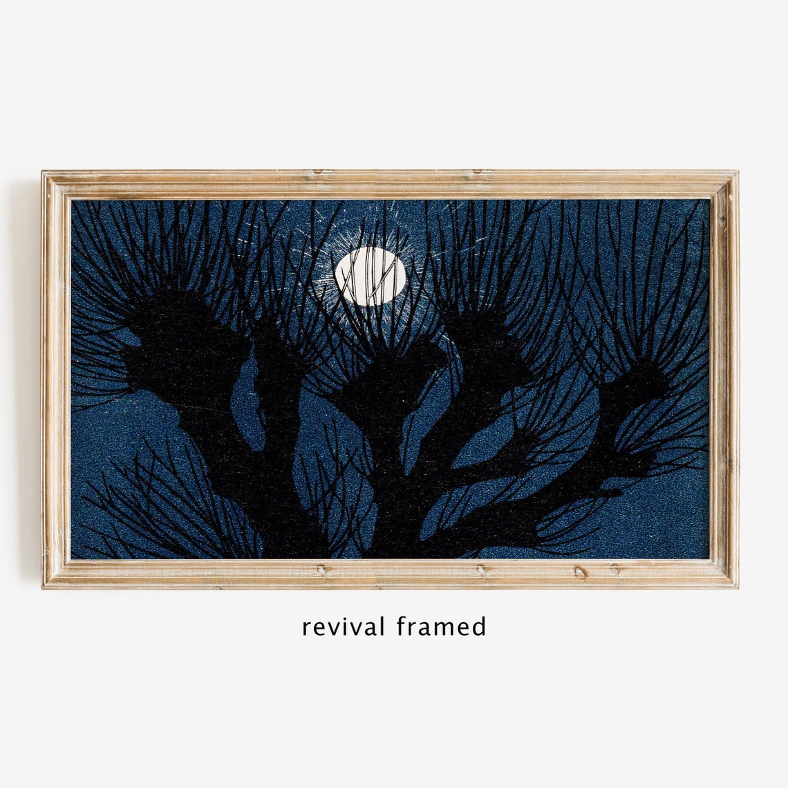 Full Moon Behind Bare Black Trees Deep Blue Night Woodcut Poster