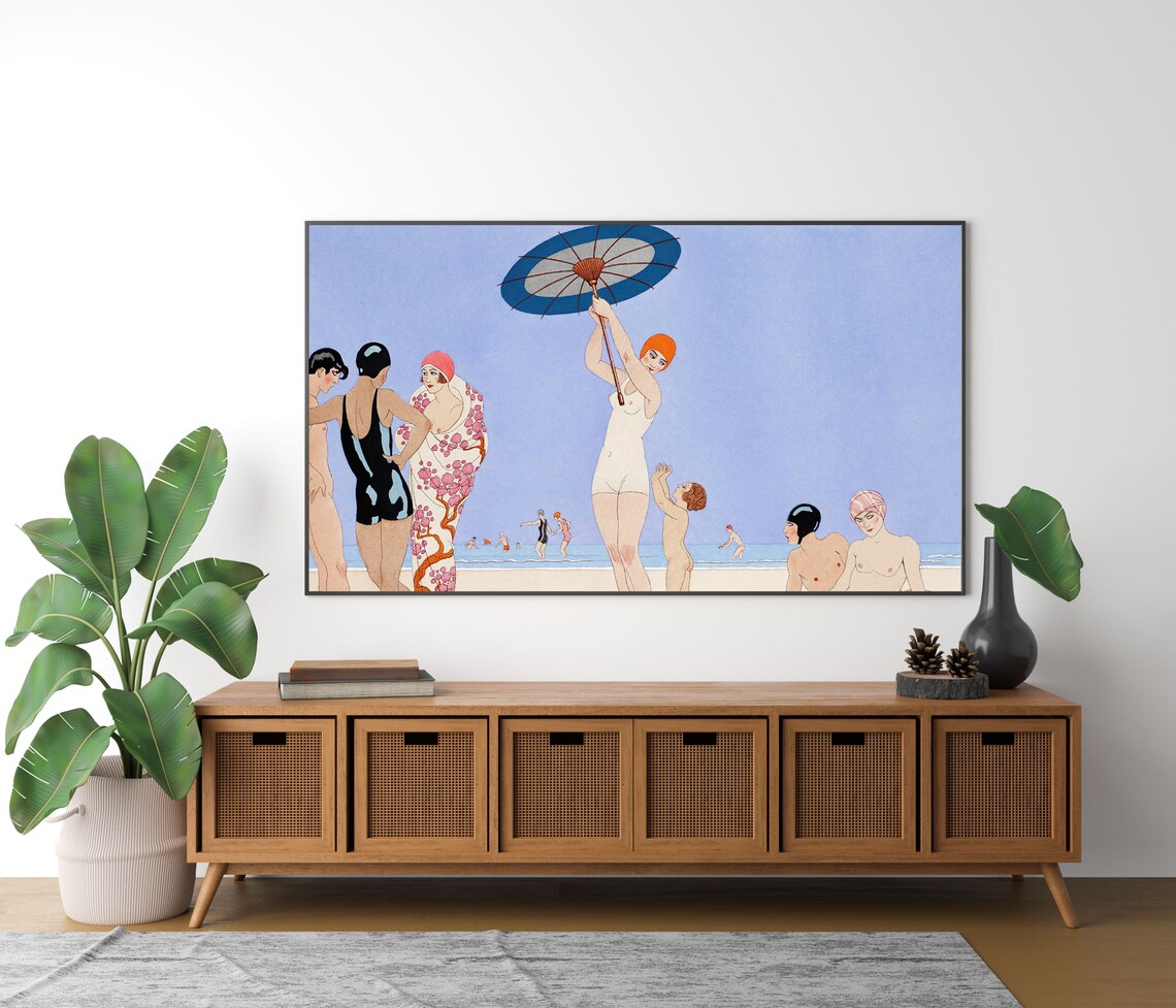 1920s Art Deco Beach Parasol Bathing Beauties Vintage Illustration Poster - Image 4