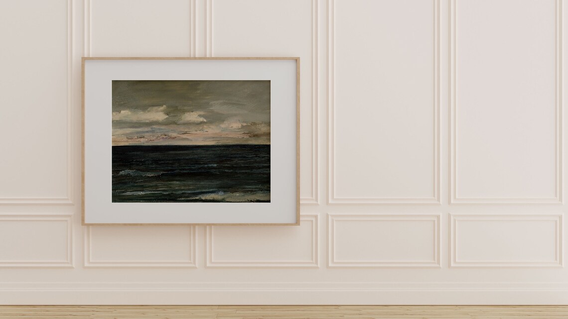 Moody Dark Blue Ocean Seascape Vintage Oil Painting Style Gray Sky Poster - Image 4