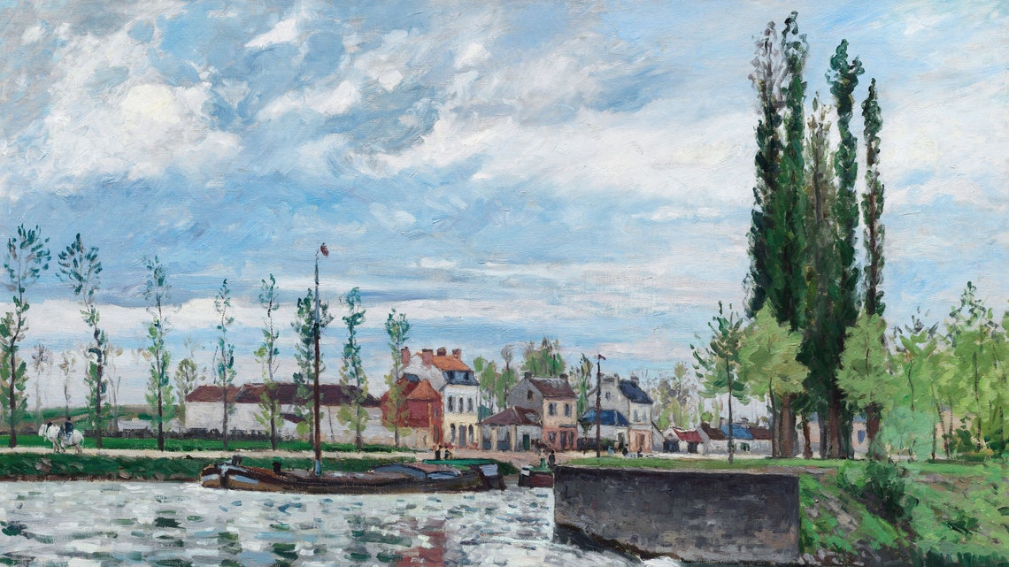 Impressionist Riverside Village with Moored Barges and Poplars Poster - Image 2