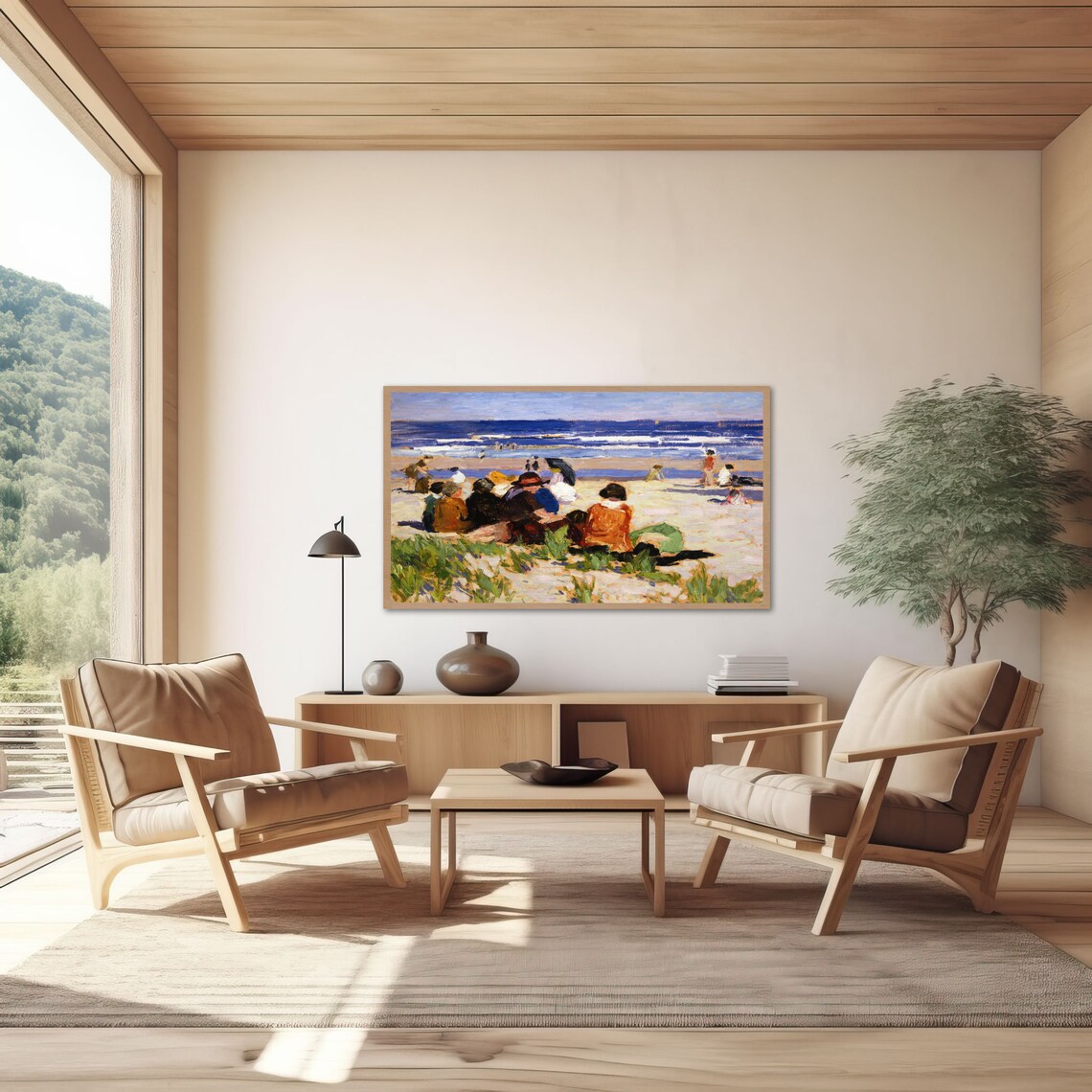 Vintage Beach Scene Painting with Bathers and Deep Blue Ocean Waves Poster - Image 3