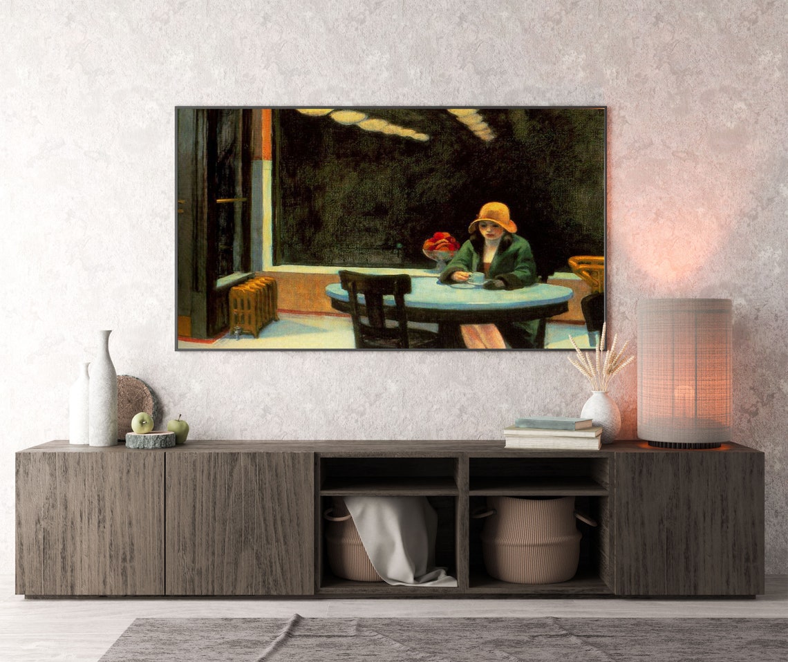 Frame Tv Art Edward Hopper Portrait Of Woman Tv Art Neutral Vintage Oil Painting Woman In Automat Frame Tv Art Large Art - Image 2