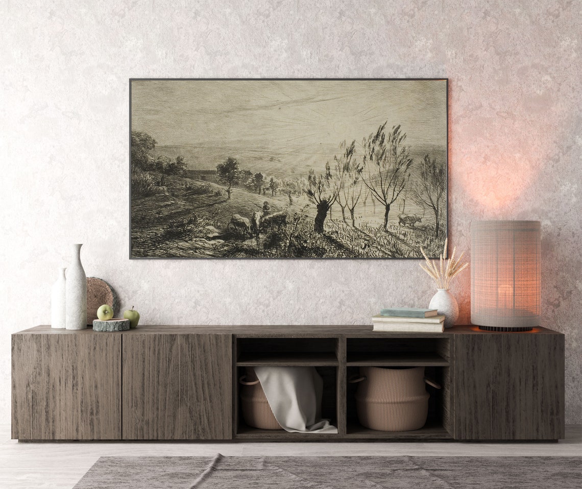 Vintage Etching of a Herdsman with Cattle among Willows Poster - Image 4