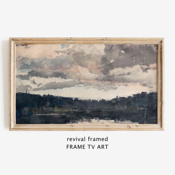 Moody Watercolor Frame Tv Art Vintage Lake Beach Painting Instant Minimalist Neutral Gray Large Art Wallpaper