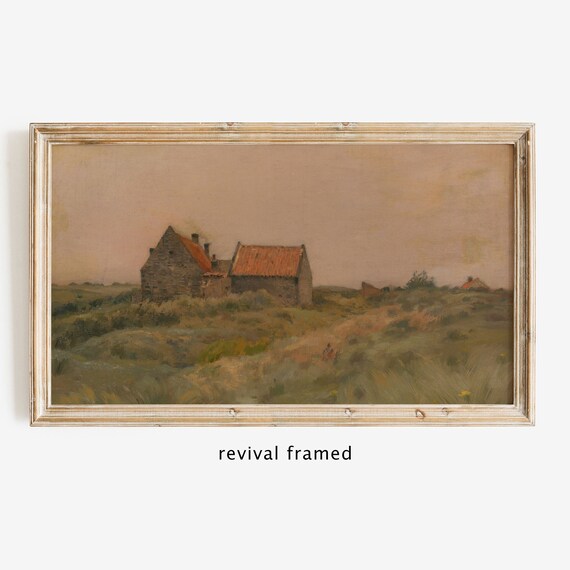Stone Farmhouse Red Roof Autumn Fields Rustic Vintage Landscape Poster