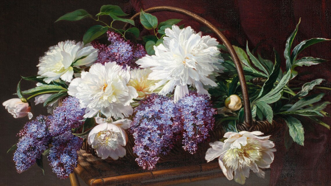 White Peonies and Purple Lilacs Vintage Basket Floral Oil Painting Poster - Image 2
