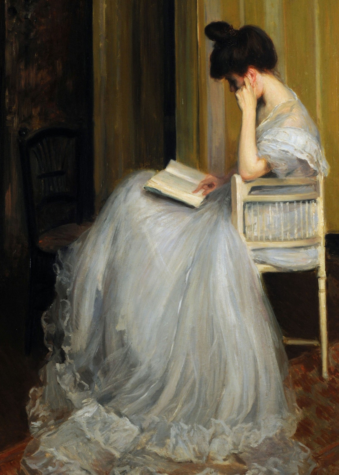 An Elegant Woman Reading a Book in a Flowing White Gown Poster - Image 2