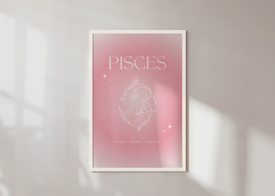 Pisces Zodiac Twin Fish Pink Gradient Aura White Line Art Poster - Image 5