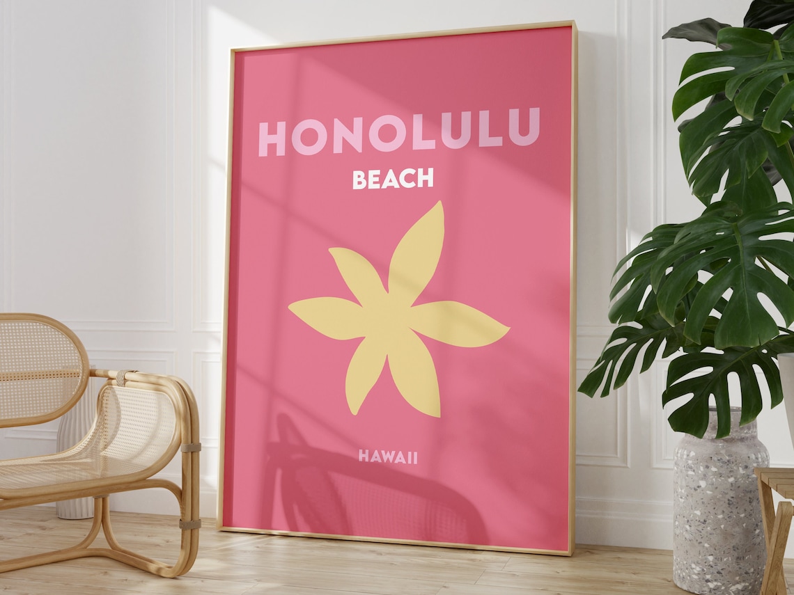 Honolulu Beach Hawaii Coral Pink Flower Starfish Travel Poster