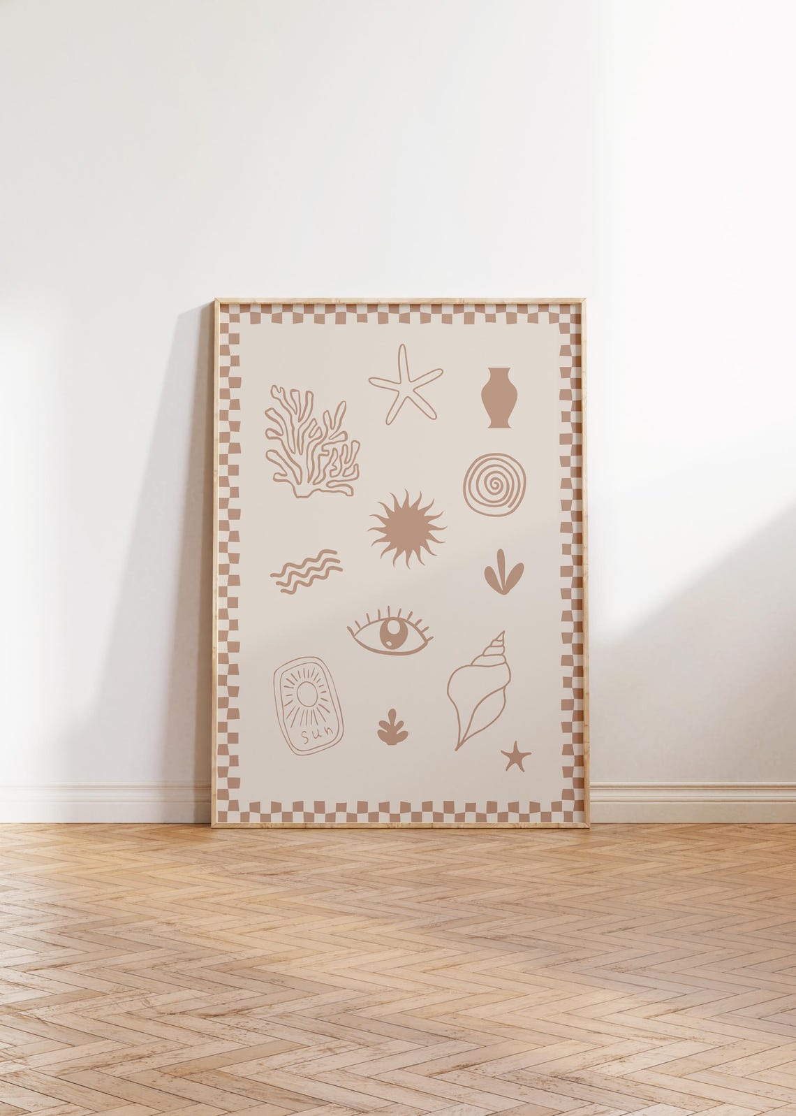 Coastal Doodle Icons Checkerboard Border Warm Tan Mediterranean Poster - Image 3