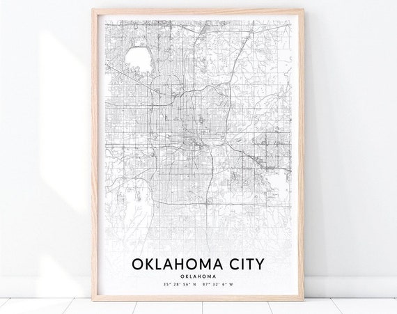 Oklahoma City Map Print Usa Art Poster Street Road Black White Modern Wall Office Decor