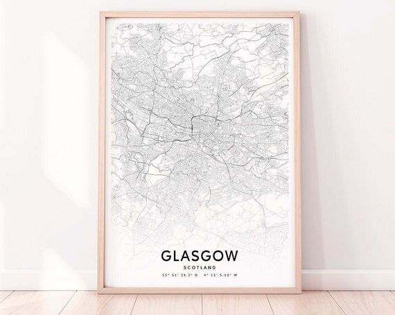 Glasgow Map Print Scotland United Kingdom Art Poster Street Road Modern Wall Home Office Decor