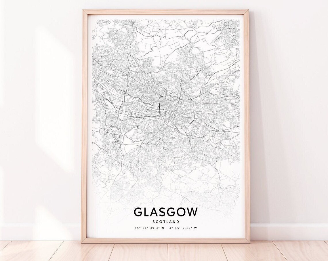 Glasgow Scotland City Street Map Black and White Minimalist Poster