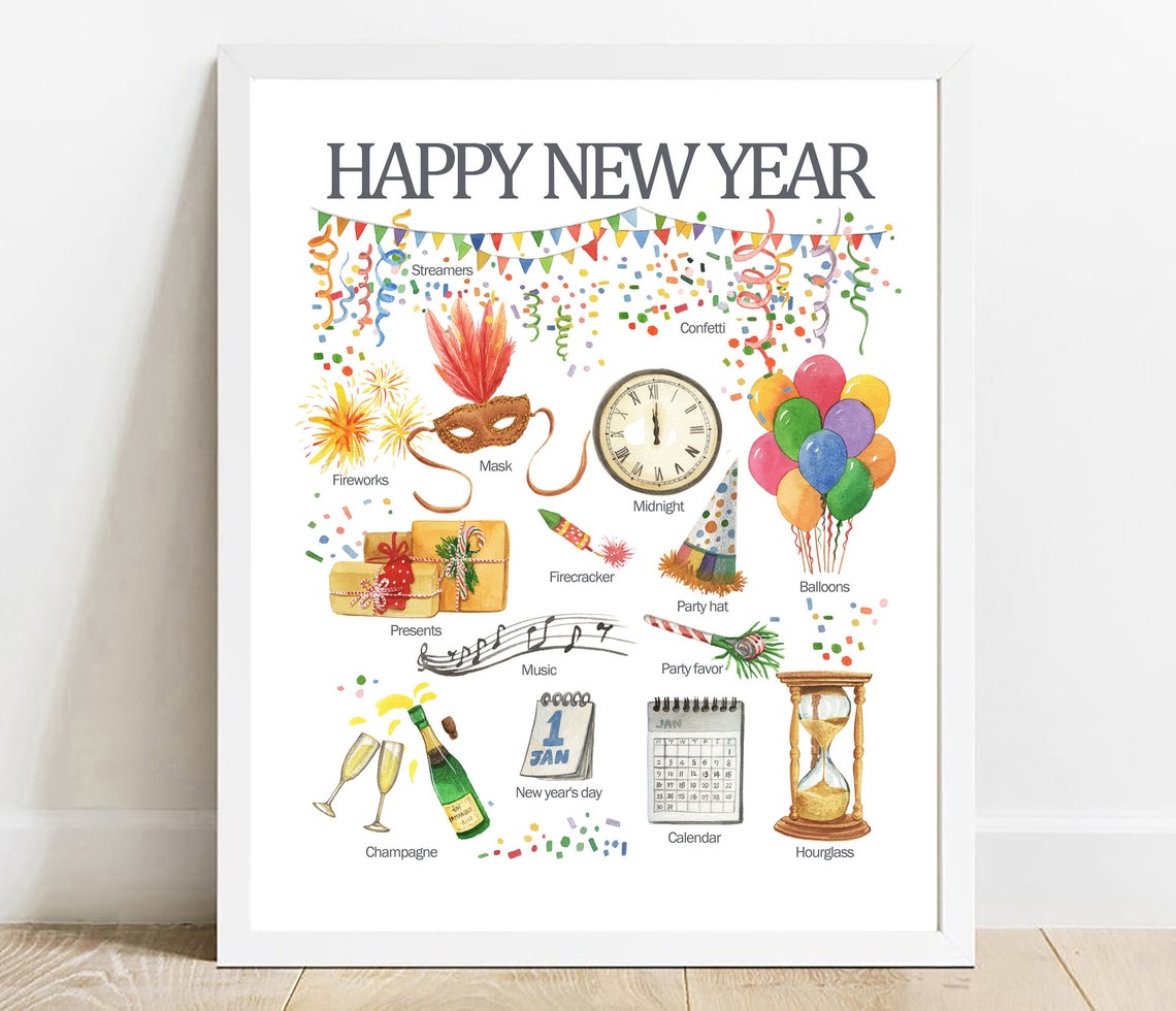 Happy New Year Kids Vocabulary Chart Party Icons Learning Poster