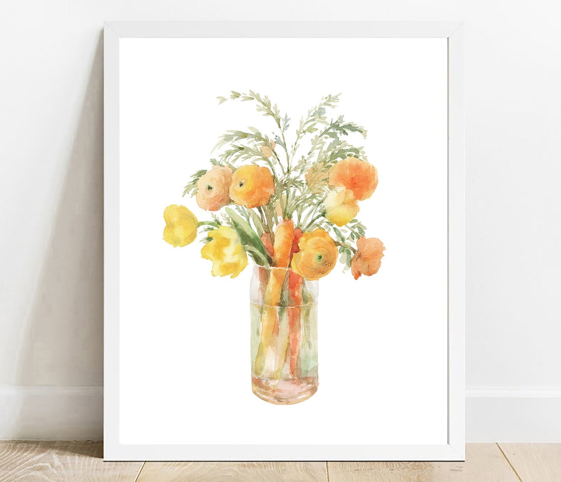 Sunny Yellow Watercolor Flower Bouquet in Glass Vase Wall Art
